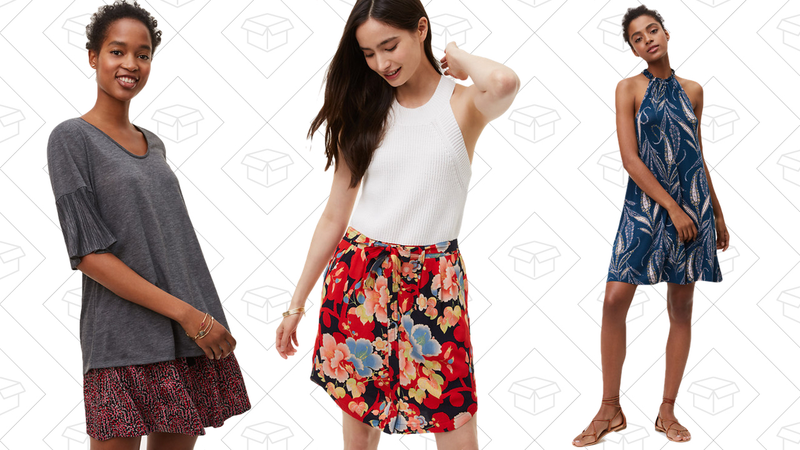 Mixed Media Pleated Sleeve Tee, $22 | Tropic Tie Waist Button Skirt, $30 | Reed Halter Dress, $30